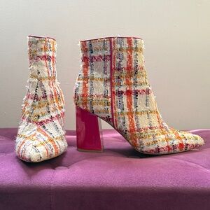 Betsey Johnson Multicolor Tweed Ankle Boots with Pink Heel